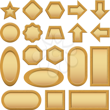 Set of wooden frames of different shapes with paper inside. Vector