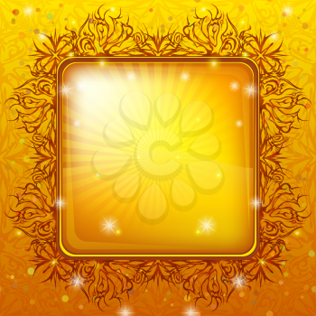 Gold holiday background, frame with rays and abstract pattern on backdrop, vector eps10, contains transparencies