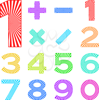 Signs of numbers and mathematical signs decorated with radial rays. Vector