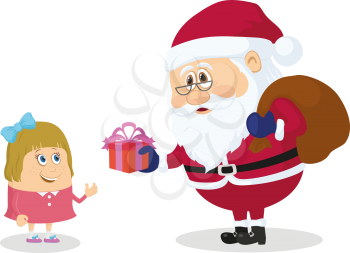 Cheerful Santa Claus with a bag of gifts gives a little girl gift box, Christmas holiday illustration, funny cartoon characters isolated on white background. Vector
