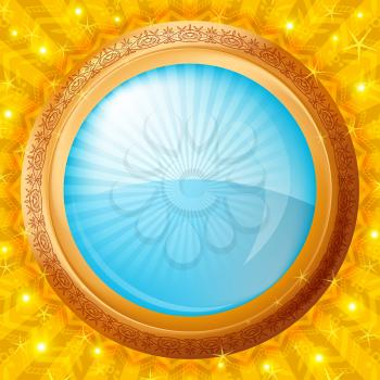 Background, abstract color button with blue round glossy banner and gold frame, vector eps10, contains transparencies