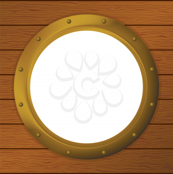 Empty bronze ship window - porthole in a wooden wall. Vector