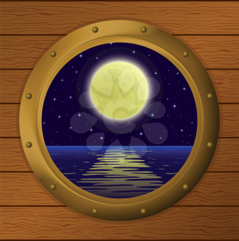 Night sea landscape, star sky and moon in a bronze ship window - porthole in a wooden wall. Vector