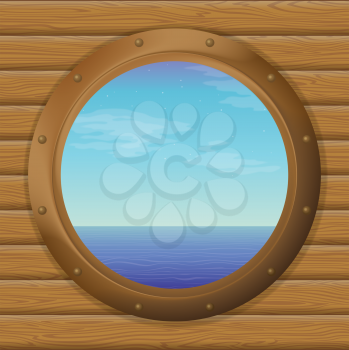 Sea and Blue Sky in a Bronze Ship Window Porthole on a Wooden Wall. Eps10, Contains Transparencies. Vector
