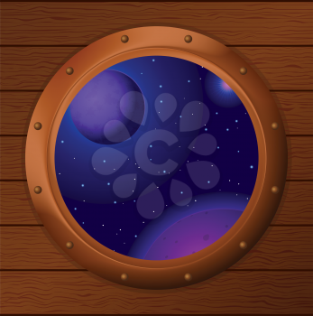 Space, dark blue sky, planets and stars in a bronze spaceship window - porthole in a wooden wall. Vector