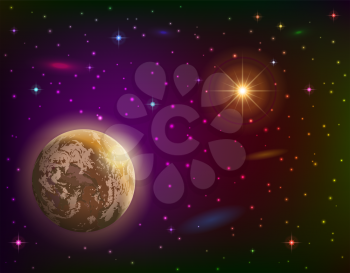 Fantastic space background with unexplored planet, orange sun, stars and nebulas. Elements of this image furnished by NASA (www.visibleearth.nasa.gov). Vector eps10, contains transparencies