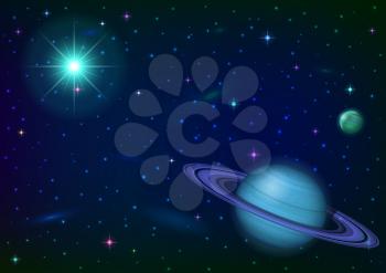 Fantastic space background with unexplored blue planet with ring, satellite, sun, stars and nebulas. Elements of this image furnished by NASA. Vector eps10, contains transparencies