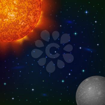 Space background with planet Mercury, Sun, stars and nebulas. Elements of this image furnished by NASA (http://solarsystem.nasa.gov). Eps10, contains transparencies. Vector