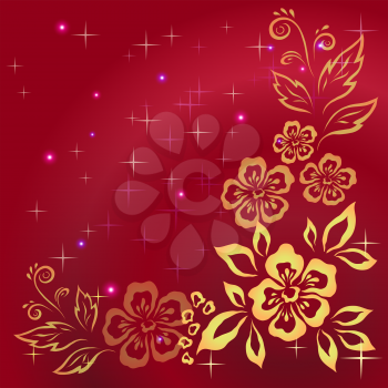 Abstract red holiday background with symbolical yellow flowers and leaves. Vector eps10, contains transparencies