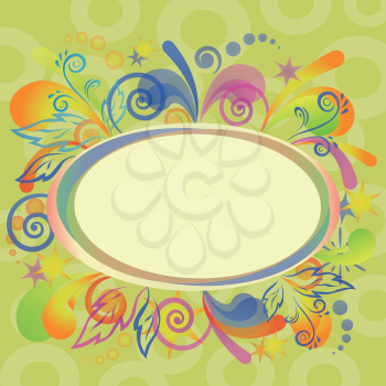 Abstract holiday colorful background with symbolical patterns, leaves and frame. Vector eps10, contains transparencies