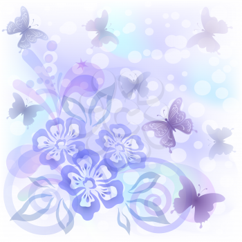 Abstract background with symbolical flowers, butterflies and figures. Vector eps10, contains transparencies
