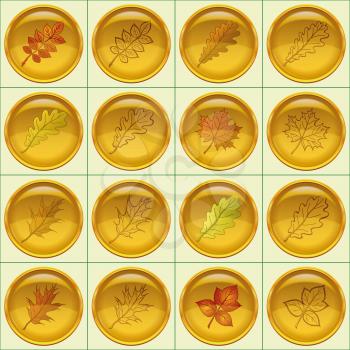 Set of yellow round buttons with autumn leaves and pictograms, dogrose, oak, raspberry, oak iberian, maple. Eps10, contains transparencies. Vector