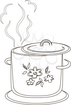 Boiling pan with flower cover, steam and support, contours. Vector