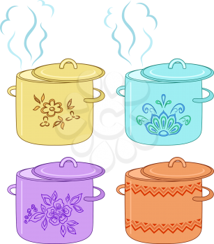 Boiling pan with flower pattern, cover and steam, set. Vector