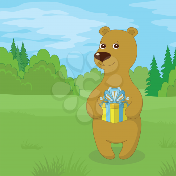 Toy teddy bear standing in forest on meadow with gift box in paws. Vector