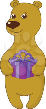 Teddy bear standing and holding in paws box with a gift, holiday illustration. Vector