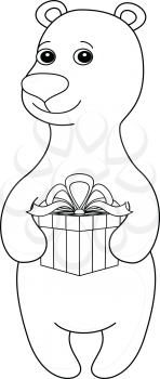Teddy bear standing and holding in paws box with a gift, holiday illustration, contour. Vector