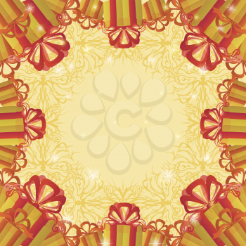 Holiday Background with Gift Color Boxes, Symbolical Yellow Pattern and Sparks. Eps10, Contains Transparencies. Vector