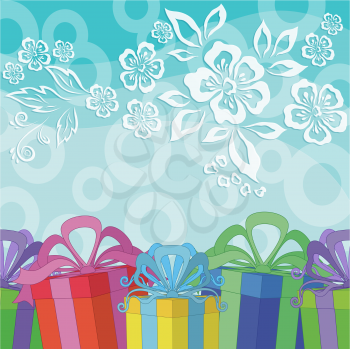 Holiday Background with Gift Color Boxes on Blue with Pattern Flowers and Rings. Eps10, Contains Transparencies. Vector