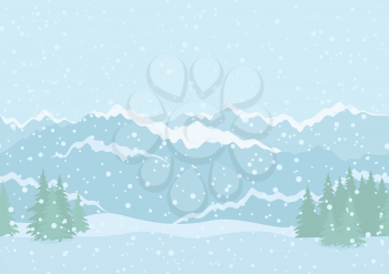 Seamless horizontal background landscape with snowy sky, fir trees, snowdrifts and far mountains in the distance. Vector