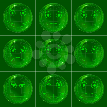 Set of various smileys in green soap bubbles. Eps10, contains transparencies. Vector