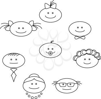 Cartoon character, people faces, family: grandmother, grandfather, mother, father, children, black contour on white background. Vector