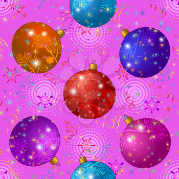 Seamless Pattern with Christmas Decorations, Colorful Glass Balls, Stars and Streamers on Pink Background. Holiday Design Illustration. Eps10, Contains Transparencies. Vector