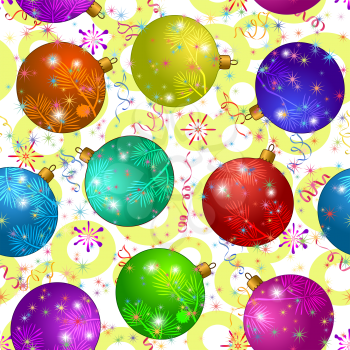 Seamless Background with Christmas Decorations, Colorful Glass Balls, Stars, Streamers and Yellow Rings. Holiday Design Illustration. Eps10, Contains Transparencies. Vector