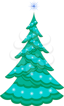 Christmas fir tree with star and snowflakes, holiday symbol, isolated. Vector