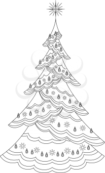 Christmas fir tree with star and snowflakes, holiday symbol isolated contours. Vector