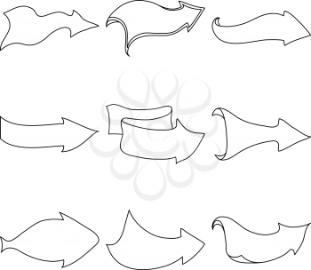 Set of different arrows, black graphic contours on a white background. Vector