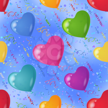 Heart shaped balloons flying in blue sky, seamless colorful pattern background. Vector eps10, contains transparencies