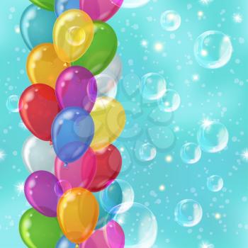 Holiday background seamless with various color balloons and white bubbles in the blue sky. Vector eps10, contains transparencies