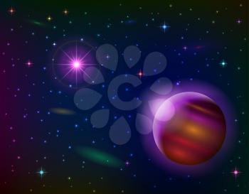 Fantastic space background with unexplored planet, lilac sun, stars and nebulas. Vector eps10, contains transparencies