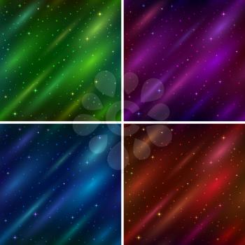 Set of abstract space seamless backgrounds with stars and color cosmic rays, blue, red, green and lilac. Eps10, contains transparencies. Vector