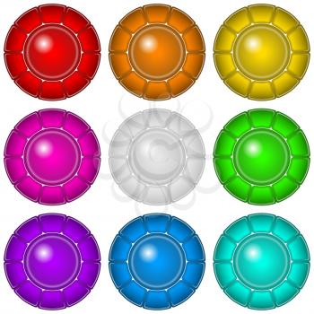 Set of round glass buttons, computer icons with frames of different colors for web design. Eps10, contains transparencies. Vector