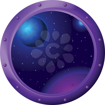 Spaceship window porthole with space, dark blue sky, planets and stars