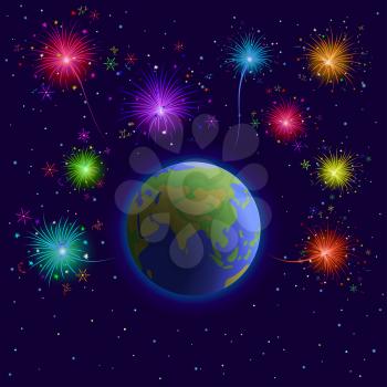 Space, vector, planets mother Earth, holiday firework and stars