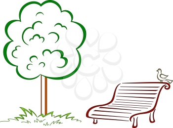 Park bench with a small bird costs under a green tree