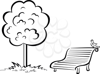 Tree and park bench with sitting bird, black contour isolated on white background. Vector