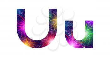 Set of English letters signs uppercase and lowercase U, stylized colorful holiday firework with stars and flares, elements for web design. Eps10, contains transparencies. Vector
