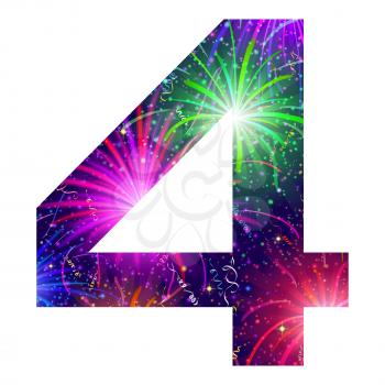 Mathematical sign, number four, stylized colorful holiday firework with stars and flares, element for web design. Eps10, contains transparencies. Vector