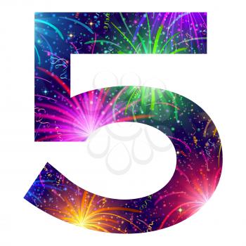 Mathematical sign, number five, stylized colorful holiday firework with stars and flares, element for web design. Eps10, contains transparencies. Vector