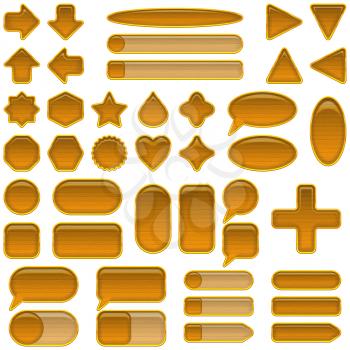 Set Glass Brown Buttons and Sliders with Wood Texture and Golden Frames, Computer Icons Different Forms for Web Design on White Background. Eps10, Contains Transparencies. Vector