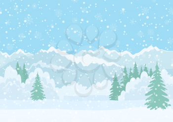 Seamless Horizontal Background, Christmas Holiday Landscape with Snowy Sky, Fir Trees, Snowdrifts and Far Mountains in the Distance. Eps10, Contains Transparencies. Vector