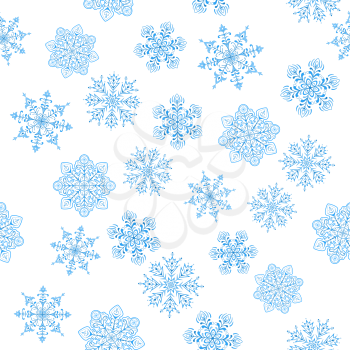 Christmas Seamless Background with Ornate Blue Snowflakes, Isolated on White. Vector