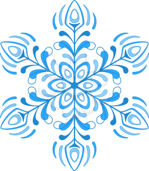 Blue winter snowflake, monochrome contour on white background. Vector