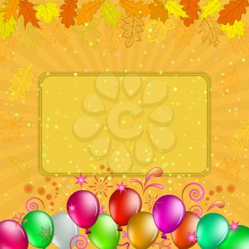 Background: frame, coloured balloons and autumn leaves on orange. Vector