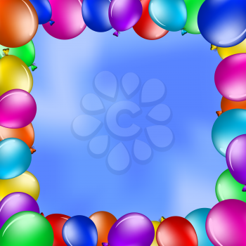 Holiday background, framework from various balloons in the blue sky. Vector