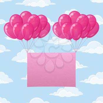 Holiday background for Valentine design, with colorful pink balloons with sheet of paper flying on blue sky with clouds. Eps10, contains transparencies. Vector